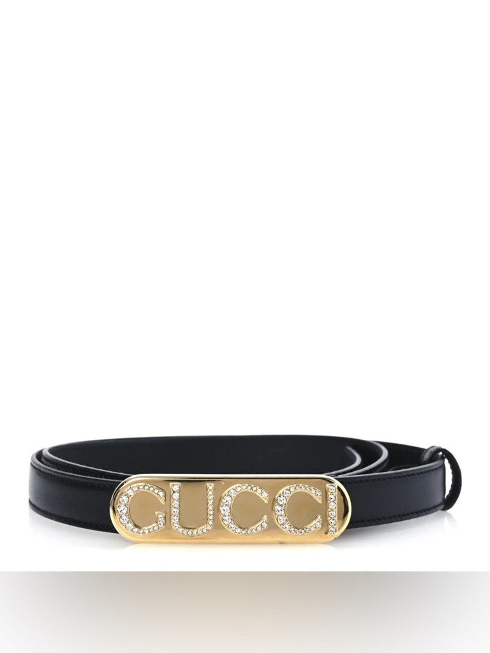 Gucci Black Leather Logo Belt with Gold Crystal-Embellished Buckle 80